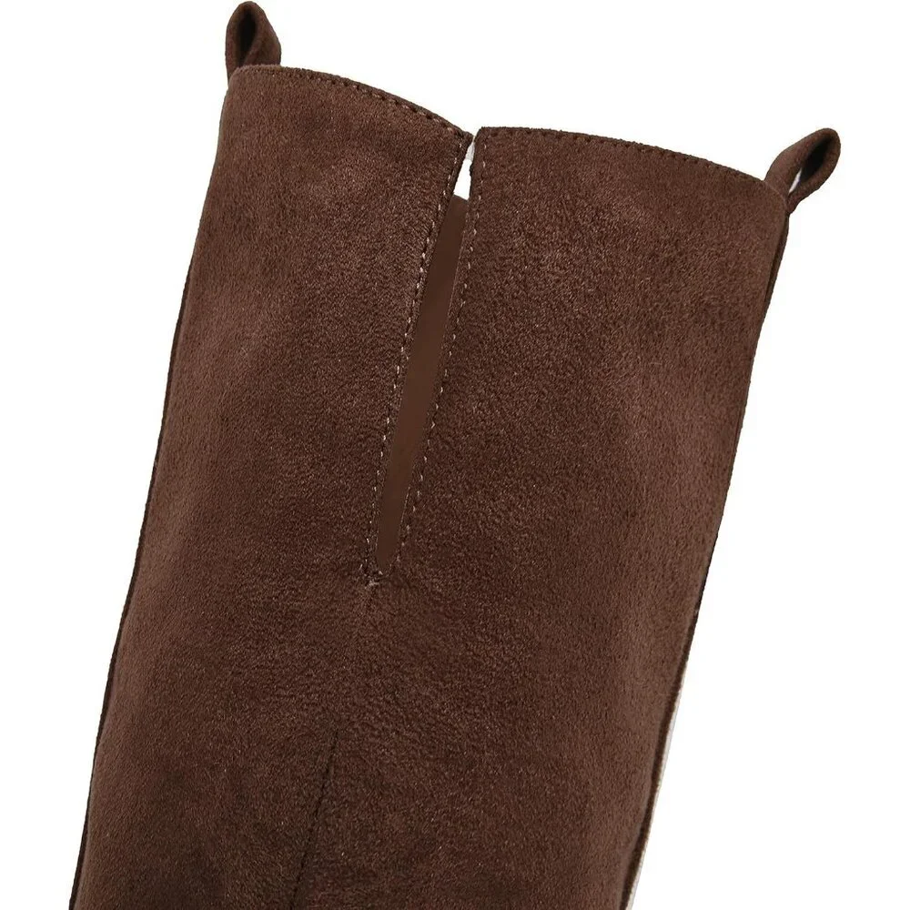 Womens Coffee Faux Suede Knee High Side Zipper Chunky Heel Stretch Winter Boots